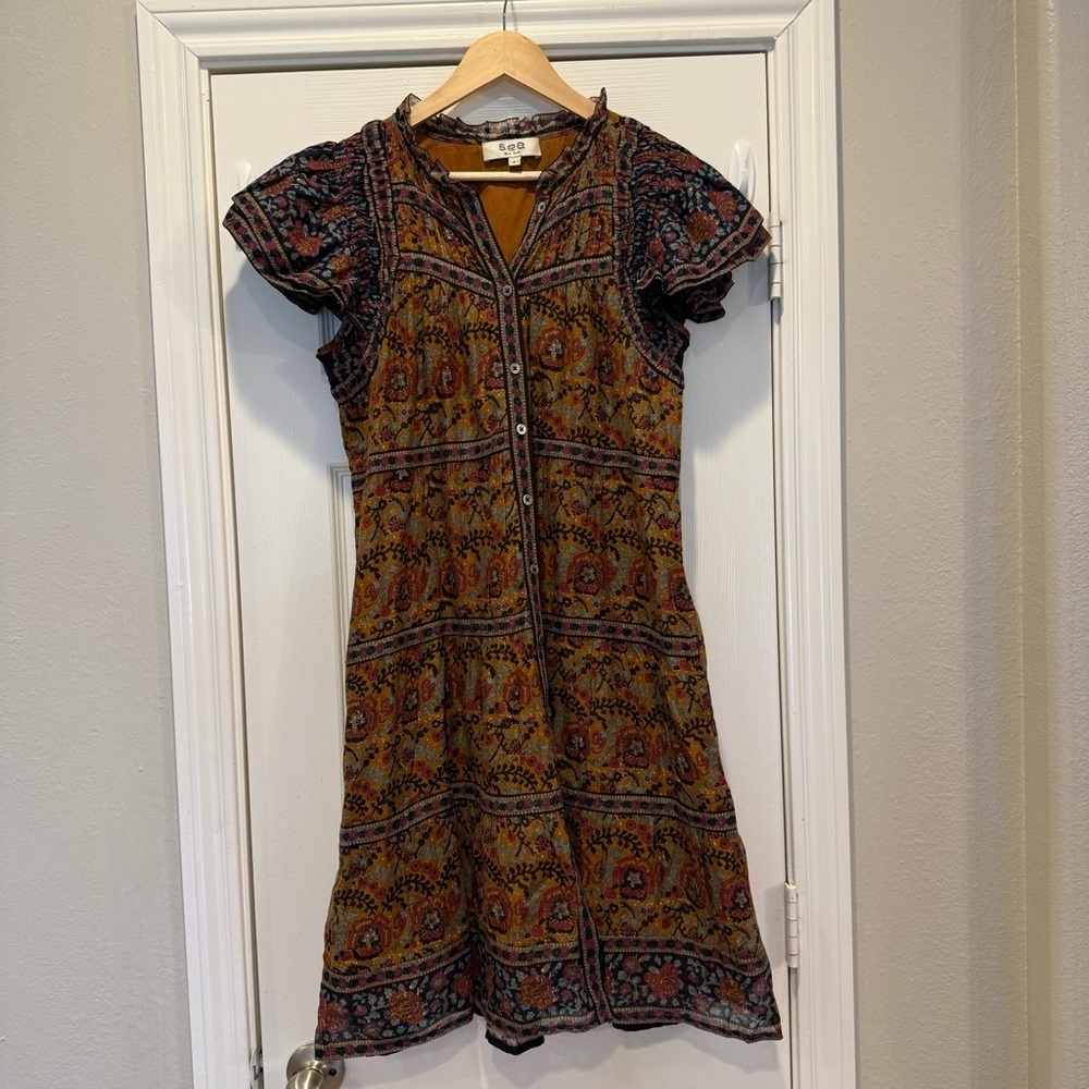 Sea New York Rosita Tunic Dress Women’s S Brown Floral Ruffle Feminine Cotton - Picture 2 of 10